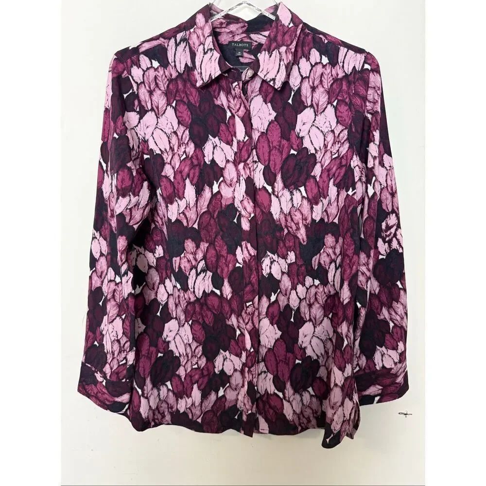 Talbots Berry Plum Floral Silky Dressy Button Front Blouse Size M Workwear Offic